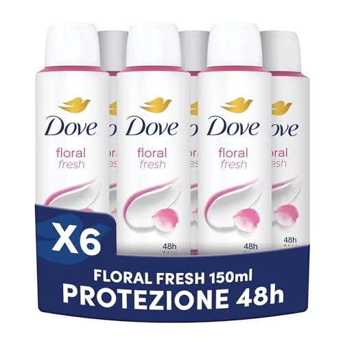 Offerta a tempo: Dove Deodorante Spray, Dove Classic Care Floral, Deodorante Antitraspirante Spray, Protezione Fino a 48 Ore, con 1/4 di Crema Idratante, Formula Delicata, Deodorante Uomo e Donna, 6 Pezzi da 150 ml - 29% da 19.74 € a 13.99 €