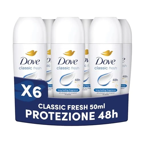Offerta a tempo: Dove Deodorante Roll On, Classic Care, Deodorante Antitraspirante Roll On, Protezione Fino a 48 Ore, con 1/4 di Crema Idratante, Formula Delicata, Deodorante Uomo e Donna, 6 Pezzi da 50 ml - 5% da 12.82 € a 12.18 €