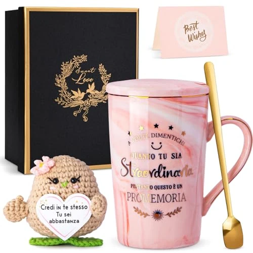 Cadeau voor dames voor verjaardag, motiverende positieve aardappelpop, 400 ml, keramische mok van roze marmer met gouden print, gadget-bureau, leuke geluksbrenger, cadeaus voor jou, elegante