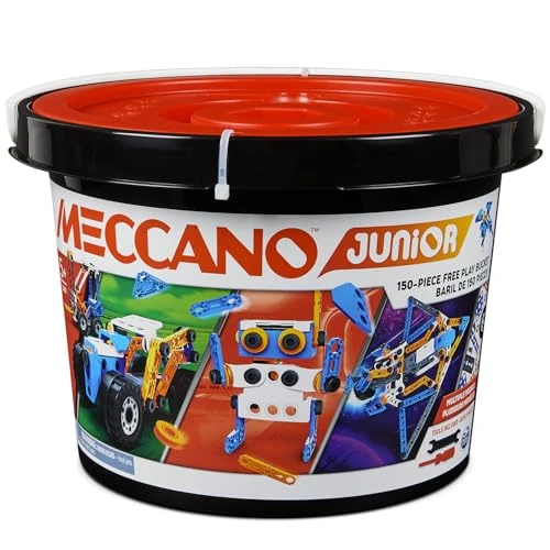 Bandai - Meccano Junior Beczka 150 elementów - Zestaw konstrukcyjny 5 modeli, 2 narzędzia, instrukcje, wiadro do przechowywania - Zabawki i pojazdy - Zabawka dla dzieci od 8 lat - APM19103