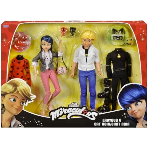 BANDAI - Miraculous - Pack 2 Poupées Marinette et Adrien avec 2 Tenues Ladybug Chat Noir, Accessoires - Coffret Miraculous 2 Figurines 26cm Idée Cadeau pour Enfant - Jouet Enfant 4 Ans et + - P50359