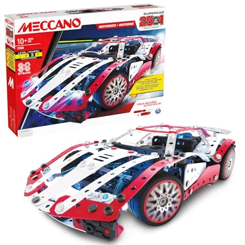 Bandai - Meccano Supercar 25 w 1 - Zestaw konstrukcyjny 25 modeli - 347 części, w tym silnik 6 V, LED, narzędzia, instrukcja montażu - Zestaw do montażu supersamochodu - Zabawka dla dzieci od 10 lat +