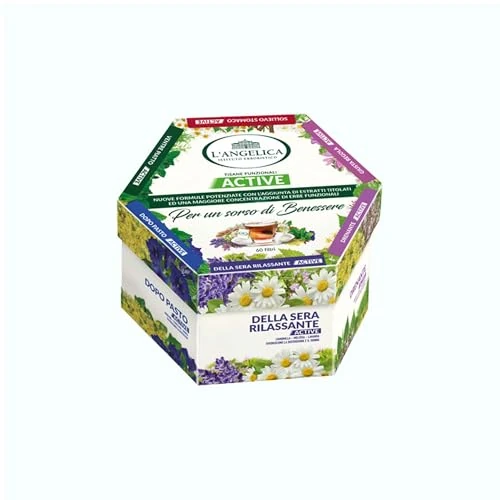 L'Angelica, Cofanetto Tisane Calde, Tisane Funzionali Active, Idea Regalo, Ventre Piatto, Dopo Pasto, Giusta Regola, Calma Colon, Della Sera Rilassante, Sollievo Stomaco, 60 Filtri
