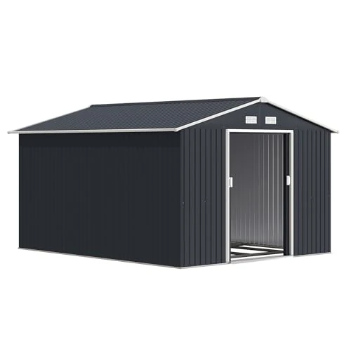Offerta a tempo: Outsunny Casetta da Giardino in Lamiera d'Acciaio 8.3 m², Capanno Porta Attrezzi con 4 Prese d'Aria, Fondazione e 2 Porte Scorrevoli, 277x322x192 cm, Grigio Scuro - 12% da 452.95 € a 397.30 €