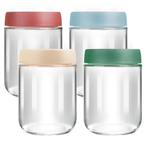 VINATO Set van 4 luchtdichte glazen potjes met deksel, 480 ml, BPA-vrij, yoghurtglazen, Mason Jar, voedselcontainers