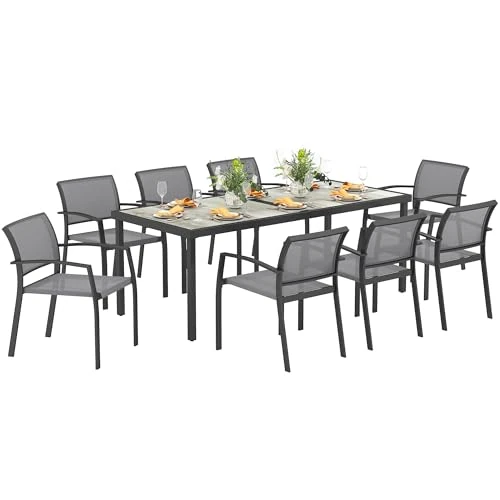 Offre limitée : Outsunny 9-Piece Garden Table and Chairs Set, Dining Set with Table with PSPC Top, 8 Stackable Outdoor Chairs with Armrests, Steel and Textilene Patio Furniture Set, Grey de 642.95 € à 642.95 € (0.00% de remise)