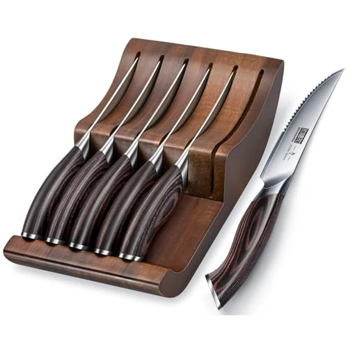 HOSHANHO Coltelli da Bistecca Set di 7, Set di Coltelli da Bistecca Seghettati da 11,5 cm con Ceppo Coltelli, Coltello da Bistecca in Acciaio Giapponese ad alto Tenore di Carbonio con Manici Ergonomic