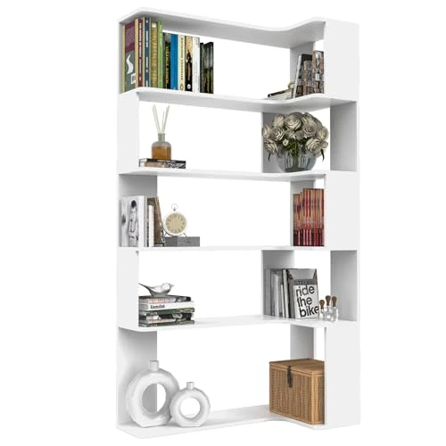 Offerta a tempo: OXFENSEE Libreria angolare a 5 ripiani in legno, altezza 169 cm, grande ripiano aperto, stile moderno, mobile per soggiorno, studio, camera da letto，bianco - 0.00% da 66.99 € a 66.99 €