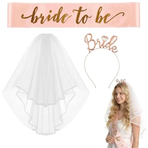 Limited-time offer: 3Pcs Bride to Be Sash and Veil with Tiara, Rose Gold Wedding Hen Do Decorations- for Bachelorette Party Games from 4.84 £ to 4.84 £ (save 0.00%)