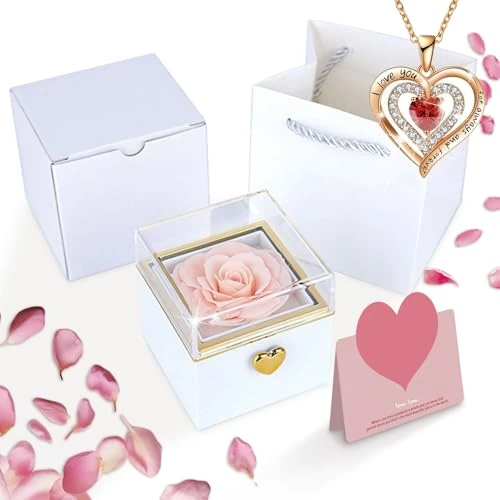 auvstar Eeuwige roos, roos met halsketting, gestabiliseerde eeuwige roos, Eternal Rose met knopen, verrassingsdoos voor Valentijnsdag, Valentijnsdag voor haar, cadeau voor moeder en verjaardag