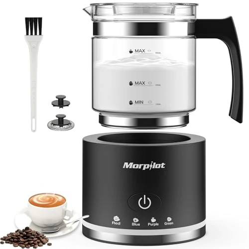 Milk Frother, Morpilot Montalatte Elettrico in Vetro, 4 in 1 Funzione, Bello da Vedere, Capacità 250ml per Schiumare o 500 ml per Riscaldare, Design Diviso, Nero