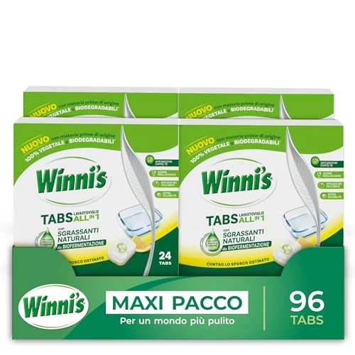 Winni's - Pastiglie per Lavastoviglie, 96 Tabs, Detersivo Multiazione Detergente, Sgrassante, Antiodore e Brillantante, Fragranza di Limone, con Materie Prime di Origine Vegetale, Confezione da 4