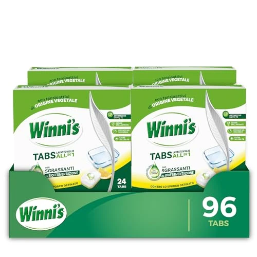 Offerta a tempo: Winni's - Pastiglie per Lavastoviglie, 192 Tabs, Detersivo Multiazione Detergente, Sgrassante, Antiodore e Brillantante, Fragranza di Limone, con Materie Prime di Origine Vegetale, Confezione da 8 - 55% da 57.49 € a 26.05 €