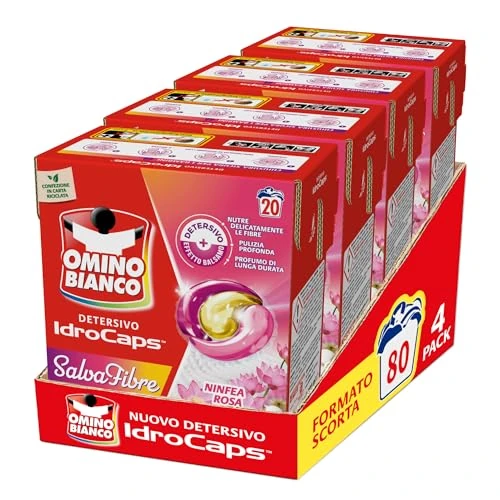 Offerta a tempo: Omino Bianco Idrocaps - Detersivo Lavatrice in Capsule Salva Fibre, 80 Lavaggi, Efficace a Basse Temperature, Profumo Ninfea Rosa, 20 Caps x 4 Confezioni - 37% da 33.49 € a 20.99 €