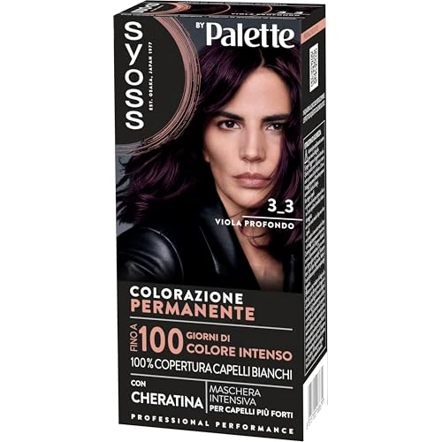 Offerta a tempo: Syoss by Palette Colorazione Permanente 3-3 Viola Profondo, Colorazione capelli permanente con Cheratina, per 100% copertura dei capelli bianchi e fino a 100 giorni di colore intenso - 38% da 7.49 € a 4.67 €