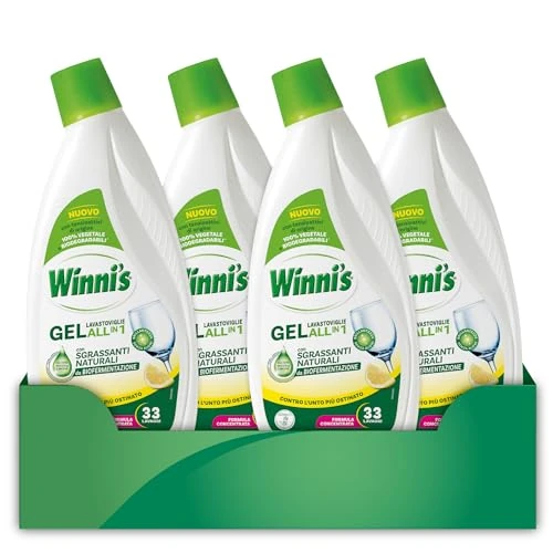 Offerta a tempo: Winni's - Detersivo Gel Lavastoviglie Ipoallergenico, 132 Lavaggi, Azione Detergente, Sgrassante e Brillantante, Fragranza di Limone, con Materie Prime di Origine Vegetale, 561 ml x 4 Confezioni - 27% da 23.25 € a 16.99 €