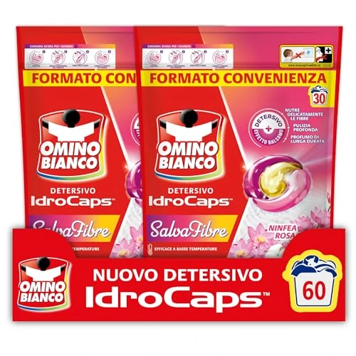 Offerta a tempo: Omino Bianco Idrocaps - Detersivo Lavatrice in Capsule Salva Fibre, 60 Lavaggi, Efficace a Basse Temperature, Profumo Ninfea Rosa, 30 Caps x 2 Confezioni - 34% da 24.10 € a 15.99 €
