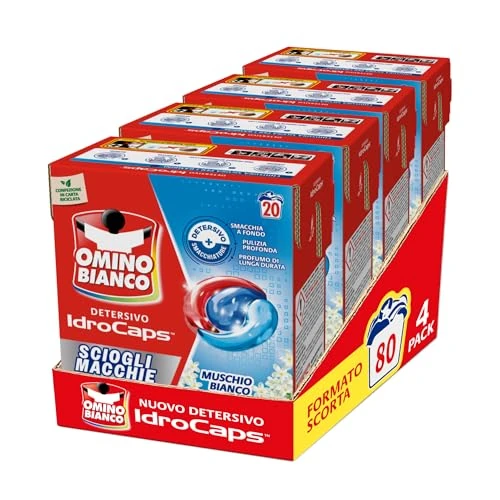 Offerta a tempo: Omino Bianco Idrocaps - Detersivo LavatriceiIn Capsule Sciogli Macchie, 80 Lavaggi, Efficace a Basse Temperature, Profumo Muschio Bianco, 20 Caps x 4 Confezioni - 33% da 33.49 € a 22.50 €