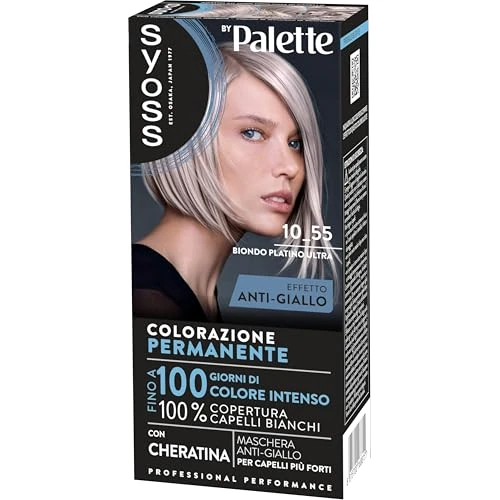Offerta a tempo: Syoss by Palette Colorazione Permanente 10-55 Biondo Platino Ultra, Colorazione capelli permanente con Cheratina, per 100% copertura dei capelli bianchi e fino a 100 giorni di colore intenso - 38% da 7.49 € a 4.67 €