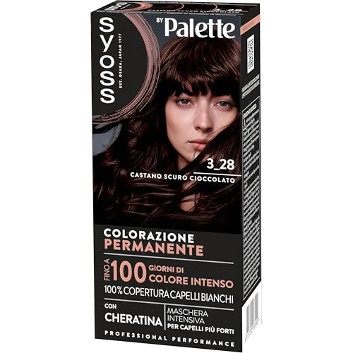 Offerta a tempo: Syoss by Palette Colorazione Permanente 3-28 Castano Scuro Cioccolato, Colorazione per capelli permanente con Cheratina, per 100% copertura dei capelli bianchi e fino a 100 giorni di colore intenso - 25% da 7.49 € a 5.59 €