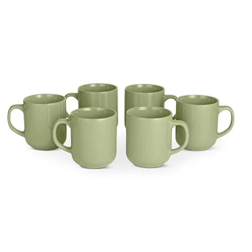 Amazon Basics Mugs en Grès Émaillé, Lot de 6 Pièces, 47,3cl, Compatible Micro-Ondes et Lave-Vaisselle, Couleur Olive