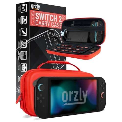 Orzly Red Protective Carry Case for Nintendo Switch 2 Travel Case with Screen Padding, Game Card and microSD Slots, Zipped & Open Pockets for Console Accessories - Gift Box Edition