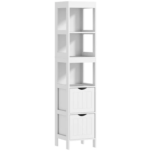Offerta a tempo: HOMCOM Mobile Bagno con 3 Ripiani Aperti e 2 Cassetti, Colonna Bagno Salvaspazio in Legno, Armadietto per Sala da Pranzo, Salotto, Soggiorno, Cucina, 30x30x141.2 cm, Bianco - 28% da 65.95 € a 47.45 €