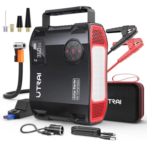 Tijdelijke aanbieding: UTRAI 7000 A starthulp powerbank voor auto's, 27000 mAh booster auto starthulp powerbank met compressor, 1600 lumen led-zaklamp, QC3.0, 160 W DC-uitgang, jumpstarter voor alle benzine, 12 l van 159.99 EUR naar 95.99 EUR (korting 40%)