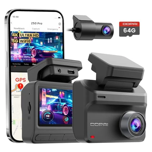 DDPAI Dashcam Car Front Rear 4K + 1080P Dash Cam Car Camera, Free 64GB Card, 3 Inch IPS Display, 5GHz WiFi 6, GPS, G-Sensor, App Control, AI-ISP Night Vision, 48H Parking Monitoring, Z50 Pro