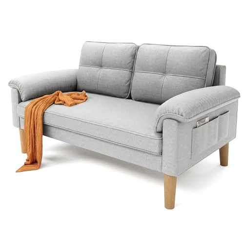 Offerta a tempo: Xbro Divano a 2 Posti con Braccioli e Tasche Laterali, Piccolo Divano in Tessuto per Soggiorno, Appartamento, Ufficio, Facile da Montare, 145 x 77 x 77 cm, Grigio Chiaro - 23% da 189.99 € a 146.60 €
