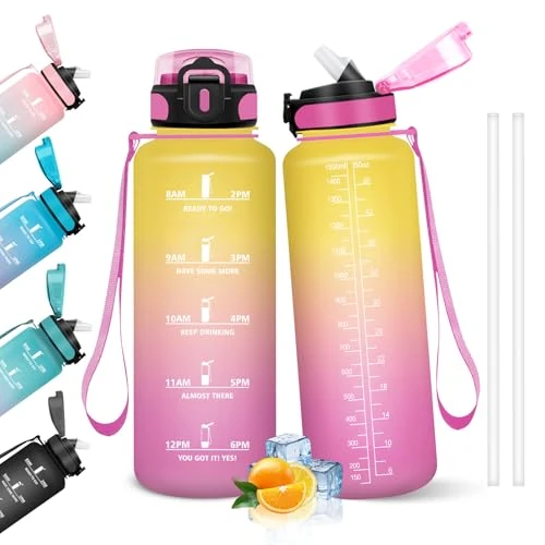 HoneyHolly Butelka na wodę, 1,5 l, motywacyjna butelka ze słomką, butelka na wodę, szczelna, butelka na wodę, do szkoły, na siłownię, kemping, do jazdy na rowerze, jogi