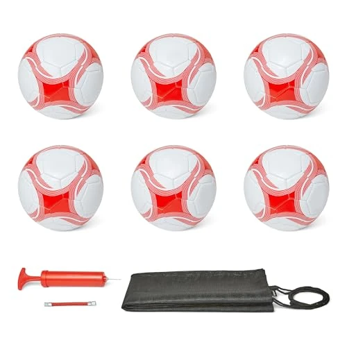 Limited-time offer: Amazon Basics 6-Pack Size 3 Soccer Balls with Pump and Bag - Training Ball Set, PVC Construction, Butyl Bladder, Machine Stitched Practice Balls for Teams, Schools, Camps, White and Red from 47.88 GBP to 29.90 GBP (save 38%)