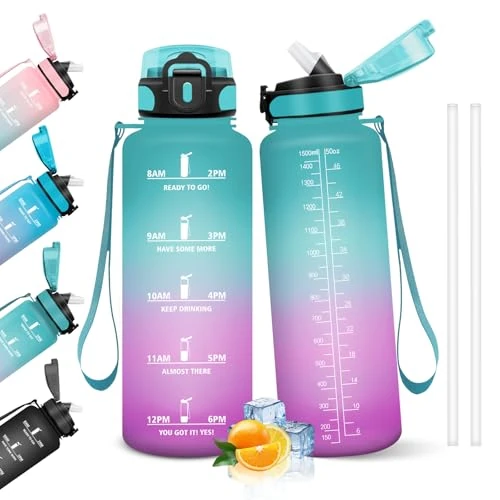 HoneyHolly Butelka na wodę, 1,5 l, motywacyjna butelka ze słomką, butelka na wodę, szczelna, butelka na wodę, do szkoły, na siłownię, kemping, do jazdy na rowerze, jogi