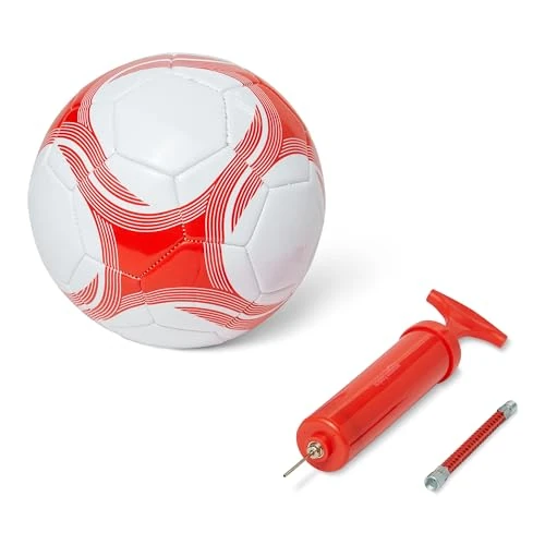 Amazon Basics Size 4 Football with Pump and Bag, Training Ball, PVC Construction, Butyl Bladder, Machine Stitched Practice Balls for Teams, Schools, Camps, White and Red, 1-Pack