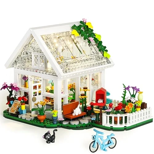 Ulikey domek z klocków z oświetleniem LED, domek z klocków z kwiatami i roślinami doniczkowymi, kot, zabawka dla dorosłych, prezent dla dzieci od 6 lat (632PCS)