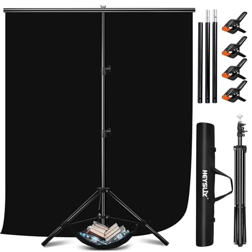 Heysily Fotohintergrund Schwarz mit Ständer 2x2m & 1.5x2m – Schwarzes Tuch Backdrop Stand Set für Fotostudio, Portrait, Streaming, Produktshooting & professionelle Backdrop Photography