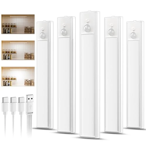 daphomeu 5 Pièce Lampe LED Rechargeable,20CM Blanc Froid Reglette led Cuisine, Lumiere Detecteur de Mouvement Interieur Sous Meuble Placard Eclairage, Intensité Variable, Installation Magnétique