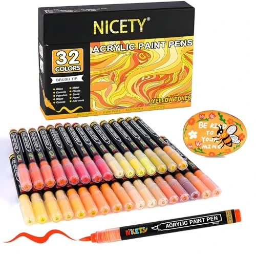 NICETY 32 Acrylstifte für Steine Wasserfest - Pinselspitze Acrylmarker für Holz, Stoff, Leinwand, Glas, 1-6mm Multimarker acrylic Marker pens Set (Gelb)