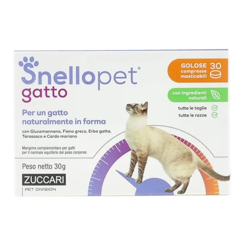 Zuccari Snellopet Gatto, 30 Compresse Masticabili, Con L-Carnitina, Trigonella, Glucomannano e Erba Gatta, Supporto per il Controllo del Peso nei Gatti di Tutte le Taglie