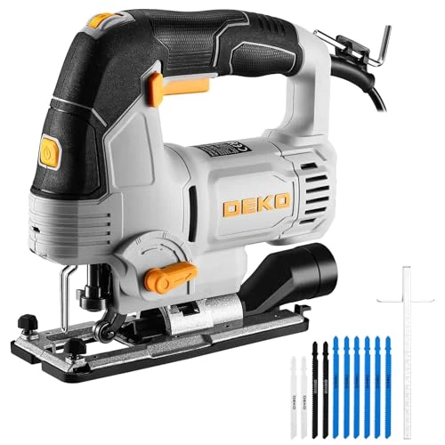 DEKOPRO Jigsaw 800W, Wood Jigsaw with LED Light, 800-3000 SPM Variable Speed 4-Way Adjustment ± 45° Miter Blade, Electric Jigsaw for Cutting Metal, Wood and Plastic
