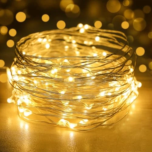 Łańcuch świetlny z 120 diodami LED, USB, 12 m, srebrny drut miedziany, łańcuch świetlny na imprezę, do ogrodu, na wesele, do użytku wewnątrz i na zewnątrz