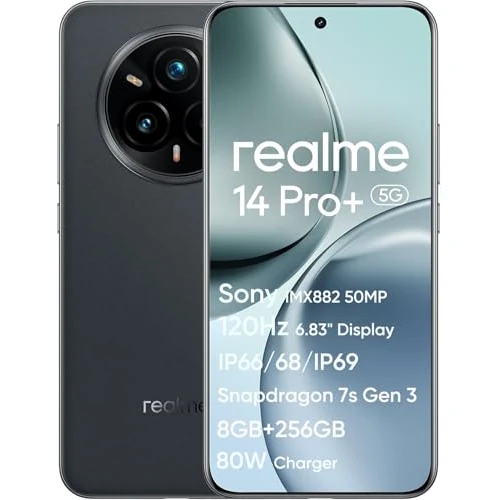 realme 14 Pro+ 5G Smartphone, 50 MP + 50 MP camera, 120 Hz 6,83 inch Quad Curve Display, Snapdragon 7s Gen 3 processor, 5000 mAh titanium batterij (zwart)