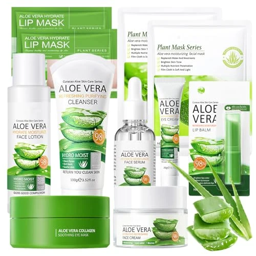 Offerta a tempo: Kit per la Cura della Pelle Aloe Vera 11 Pezzi con Detergente,Crema,Siero,Tonico,Maschera,Cerotti per Gli Occhi,Balsamo per le Labbra,Aloe Vera Skincare Set Regalo di Bellezza per Donne e Ragazze - 40% da 30.00 € a 17.99 €