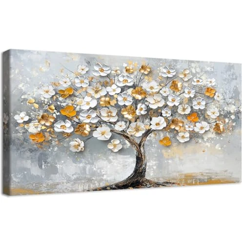 Tijdelijke aanbieding: Bloemenbomen, wit, goud, kunstdruk op canvas, houten lijst, levensboom, bloemen, foto, wanddecoratie, abstract, schilderij op canvas, wanddecoratie, woonkamer, slaapkamer, hotel, 50 x 100 cm van 59.99 EUR naar 59.99 EUR (korting 0%)