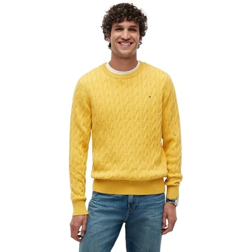 Zeitlich begrenztes Angebot: Tommy Hilfiger Herren Pullover Classic Cotton mit Zopfmuster, Gelb (Morning Side Yellow Heather), M von 139.90 € auf 60.00 € (57% Rabatt)