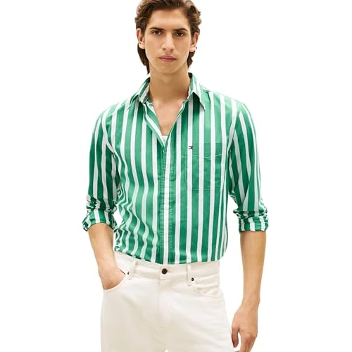 Oferta limitada: Tommy Hilfiger Camisa Hombre Poplin Bold Stripe Regular Fit, Negro (Nouveau Green/Stripe), L de 99.90 € a 55.93 € (ahorro 44%)