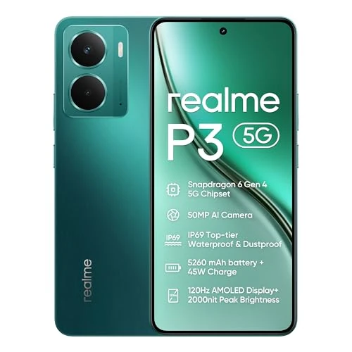 realme P3 5G smartphone, 12 + 512 GB, 5260 mAh batterij, 45 W opladen, Snapdragon 6 Gen 4 chipset, 50MP AI camera, 2000nits Pro-Esports 120Hz display, IP69, grijs (geen adapter)