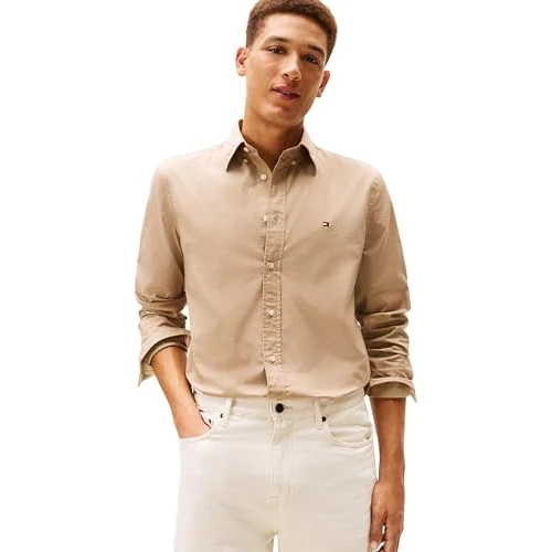 Limited-time offer: Tommy Hilfiger Men Flex POPLIN Solid RF Shirt MW0MW37550 L/S Shirt, Beige, XL from 56.00 £ to 43.68 £ (save 22.0%)