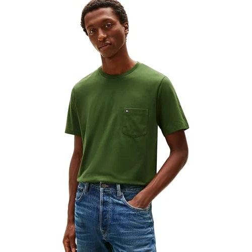Offerta a tempo: Tommy Hilfiger Uomo T-Shirt Maniche Corte Essential con Taschino sul Petto, Beige (Mountain Pine), XS - 50% da 49.90 € a 25.14 €