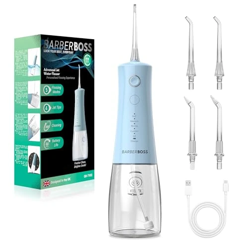 Offerta a tempo: BarberBoss idropulsore dentale, irrigatore orale elettrico senza fili, 5 modalità di pressione, serbatoio da 340 ml, impermeabile IPX8, dispositivo portatile per la cura delle gengive (Blu Pastello) - 28% da 32.99 € a 23.68 €